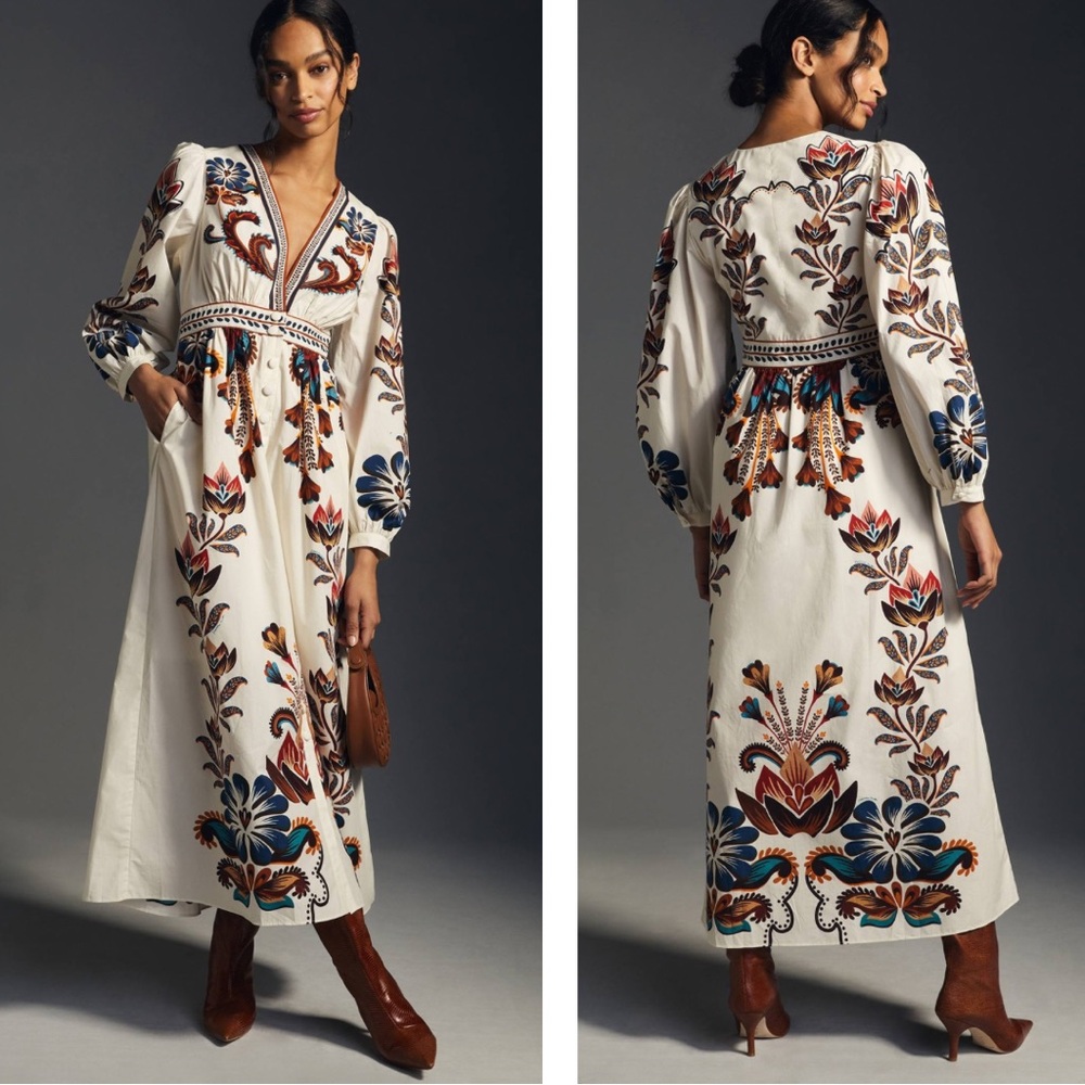 Anthropologie x Farm Rio Floral Tile Motif Maxi Long Sleeve Button Front Medium